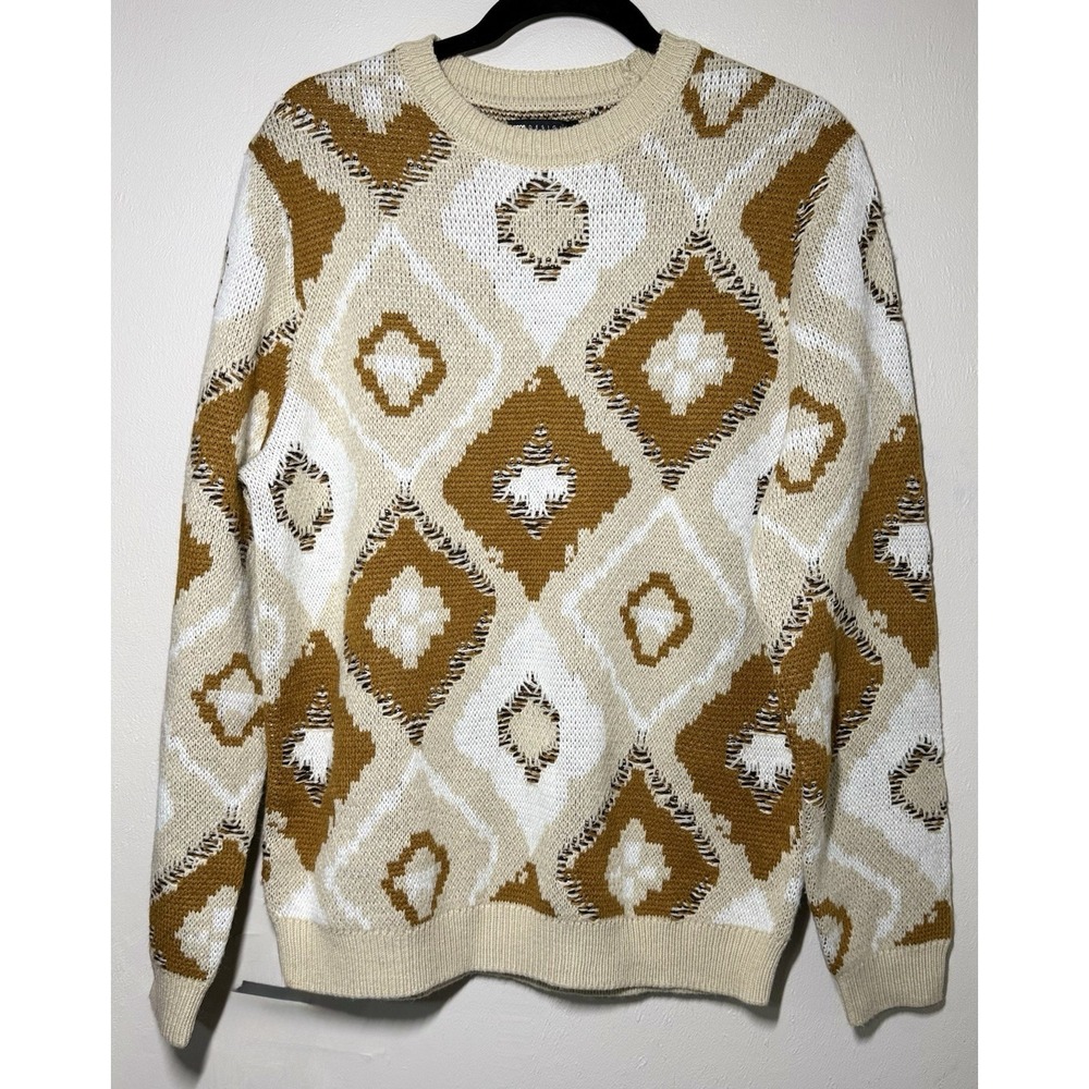 Asos Design Knitted Sweater Mens Size M Geometric Beige Crew Neck Long Sleeve